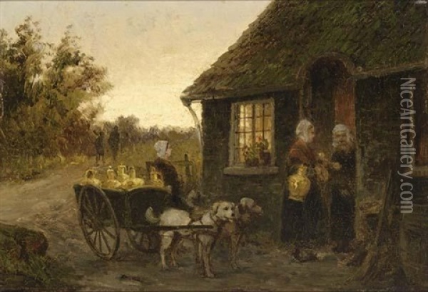 Dog-cart With Girl Near A House Oil Painting - Cornelis Christiaan Dommelshuizen