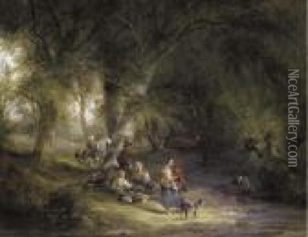 A Gypsy Encampment In A Wooded 
Landscape By A River, With Severalfigures, Donkeys And A Dog In The 
Foreground Oil Painting - Snr William Shayer
