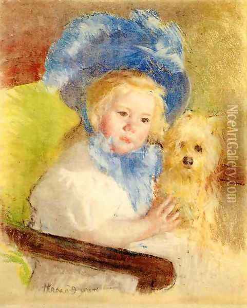 Simone In A Large Plumed Hat Seated Holding A Griffon Dog Oil Painting - Mary Cassatt