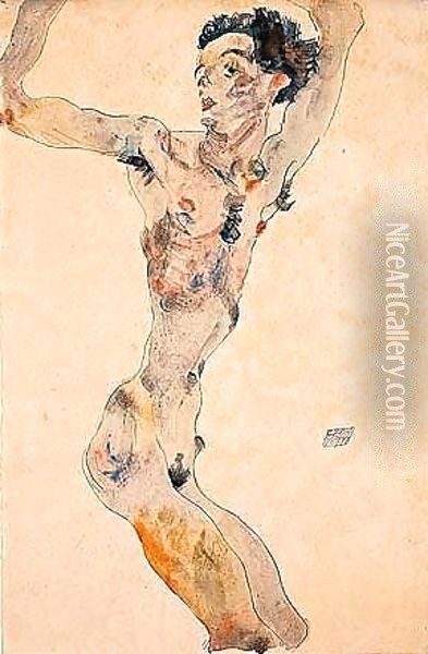 Male nude with raised arms - self-portrait Oil Painting - Egon Schiele