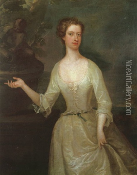 Portrait Of Lady Bayly Standing In A Landscape Before A Carved Stone Fountain Wearing A White Dress Oil Painting - Charles Jervas