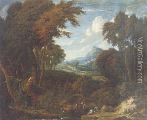 An Extensive Wooded Landscape With Herdsmen By A Stream Oil Painting - Cornelis Huysmans