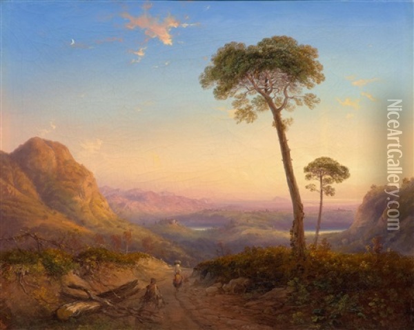 Broad Landscape In The Alban Hills Near Rome In The Early Hours Oil Painting - Carlo Bossoli