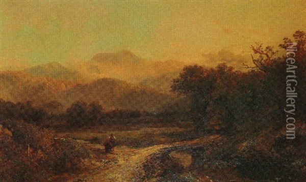 Figures By A Bridge At Sunset Oil Painting - Edmund Darch Lewis