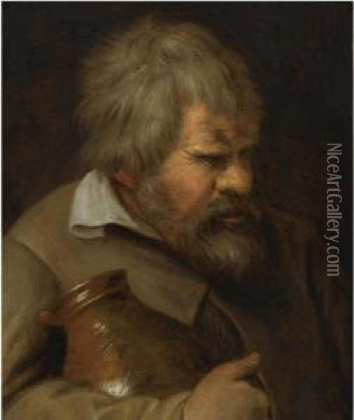 A Peasant Holding An Earthenware Jug (gluttony) Oil Painting - Joos van Craesbeeck