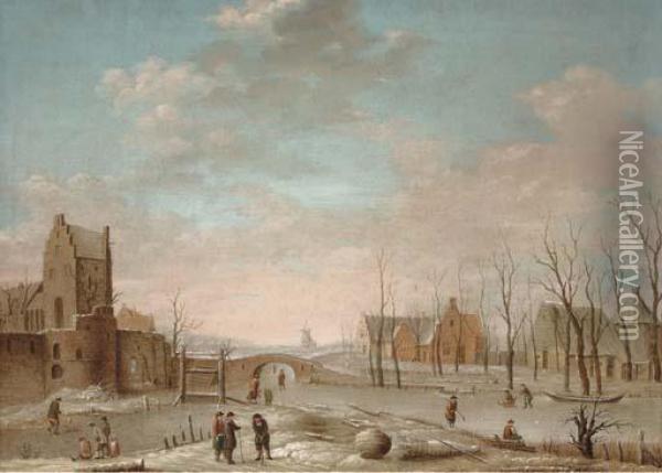 A Winter Landscape With Figures Playing Kolf On A Frozen River Oil Painting - Aert van der Neer