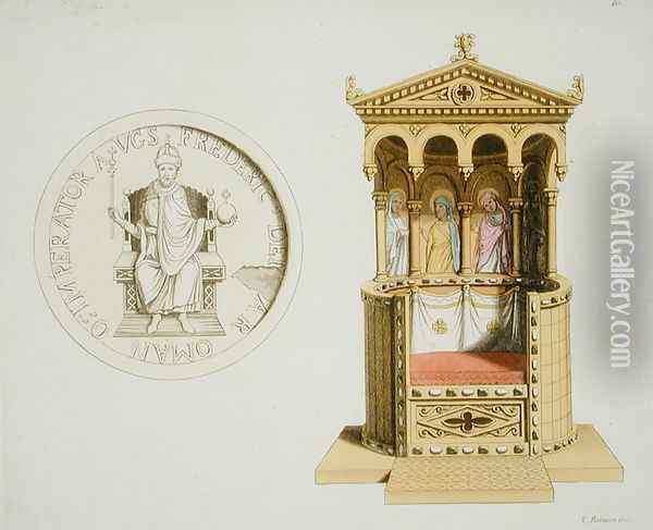 Coin and throne of Frederick Barbarossa c.1123-90 from Le Costume Ancien et Moderne, by Jules Ferrario, published c.1820s-30s Oil Painting - Vittorio Raineri