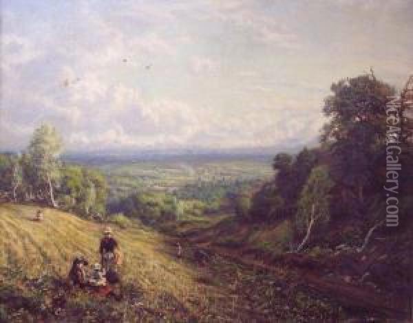 Gleaners In A Valley 
 A Town And Extensive Countryside Beyond Oil Painting - George William Mote