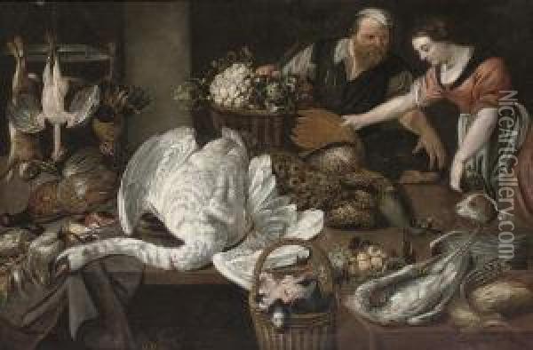A Kitchen Still Life With A 
Swan, A Peacock, Chicken, Finches And Other Poultry Laid On A Table, 
With A Maid, And A Butcher Oil Painting - Adriaen van Utrecht