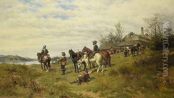 Riders Before a Deep River (Reiter bei der rast vor tiefer) Oil Painting - Ludwik Gedlek