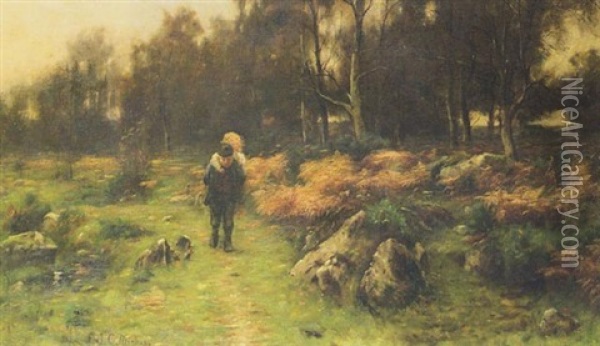 Boy Carrying A Little Girl Through A Wooded Landscape Oil Painting - James Coutts Michie