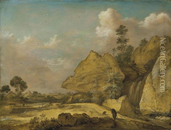 A Rocky River Landscape, With Travellers And A Dog Oil Painting - Gillis Claesz De Hondecoeter