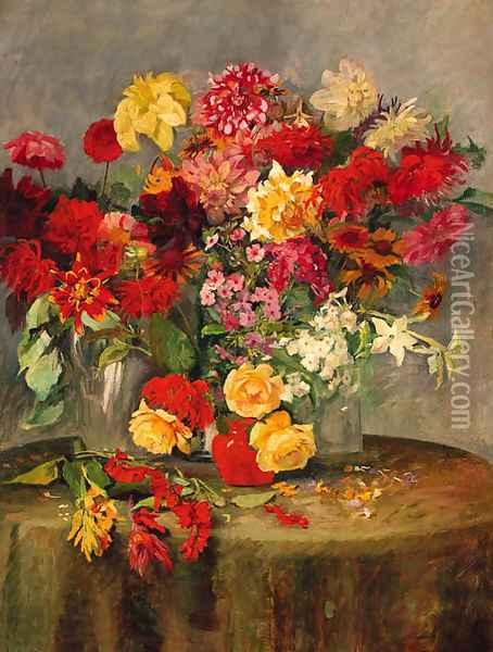 Summer flowers on a table Oil Painting - Alois Schonn