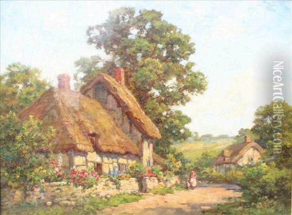 'near Dorking,surrey' - Figures Outside Thatched Cottages Oil Painting - Thomas E. Mostyn