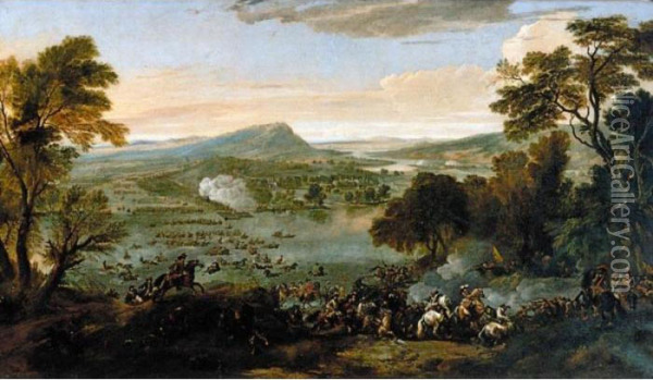 An Extensive Landscape With An 
Army Fording A Large River, Said To Be Louis Xiv Crossing The Rhine Oil Painting - Jan Wyck