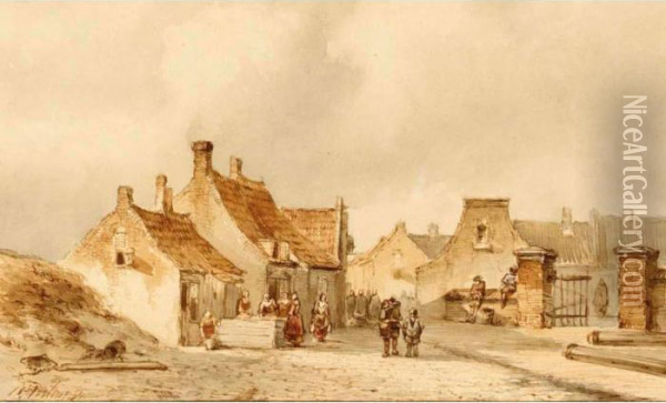 Figures In The Streets Of A Dutch Coastal Town Oil Painting - Pieter Gerard Vertin