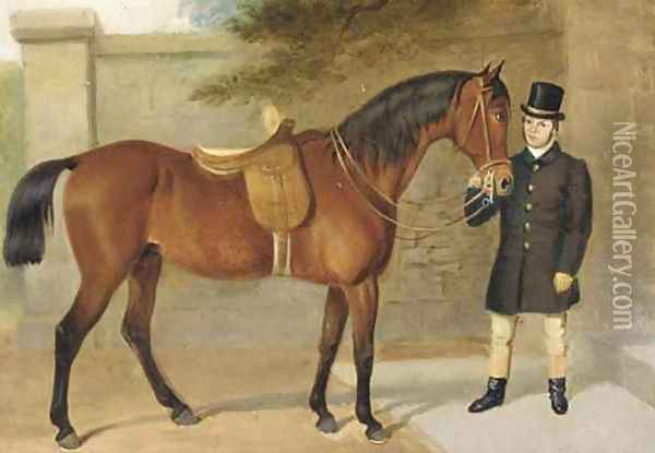 A side saddled hunter held by a groom Oil Painting - English School