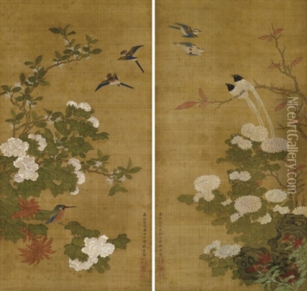 Birds And Blossoms (+ Another; Pair) Oil Painting -  Sun Yi