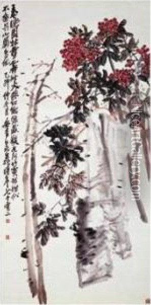 Pelargonium And Rock Oil Painting - Wu Changshuo