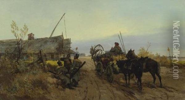 Team Of Horses. Oil Painting - Tadeusz Rybkovski