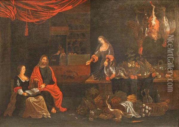Christus In Het Huis Van Martha En Marie Oil Painting - Joost Goemare