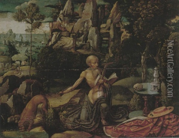 Saint Jerome In An Extensive Rocky Landscape Oil Painting - Joachim Patinir
