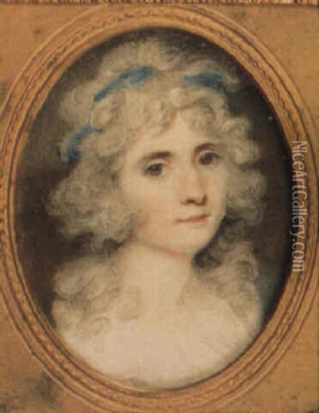 A Lady With Powdered Hair Tied With A Blue Ribbon Wearing A White Dress Oil Painting - Richard Cosway