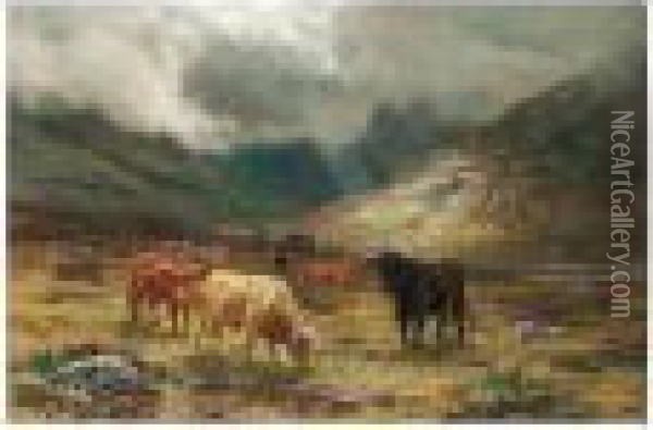 Highland Cattle In A Glen Oil Painting - Louis Bosworth Hurt