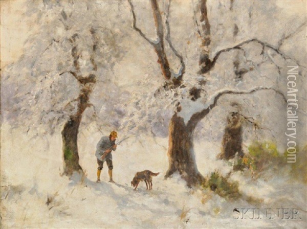 Hunter And Dog In A Snowy Wood Oil Painting - Antal (Laszlo) Neogrady