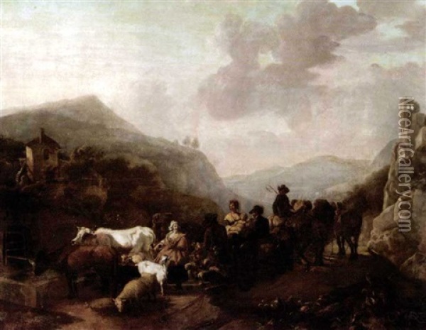 An Extensive Italianate Landscape With A Caravan Of Drovers Watering Their Animals Oil Painting - Jean-Louis Demarne