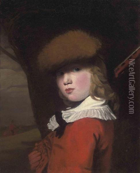 Portrait Of A Boy, Bust-length, In A Red Coat With A White Collarand A Fur Hat, Holding A Gun, In A Landscape Oil Painting - John Opie