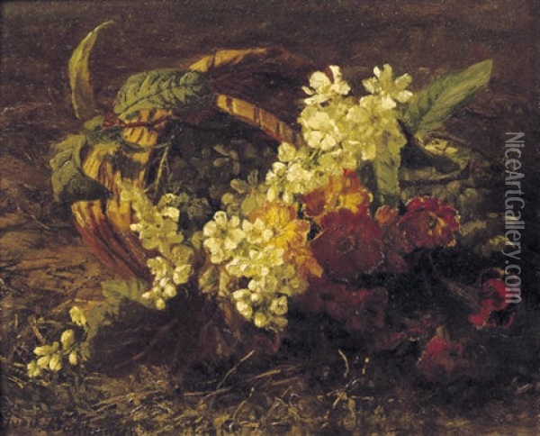 Cherryblossem And Primroses In A Basket Oil Painting - Gerardina Jacoba van de Sande Bakhuyzen
