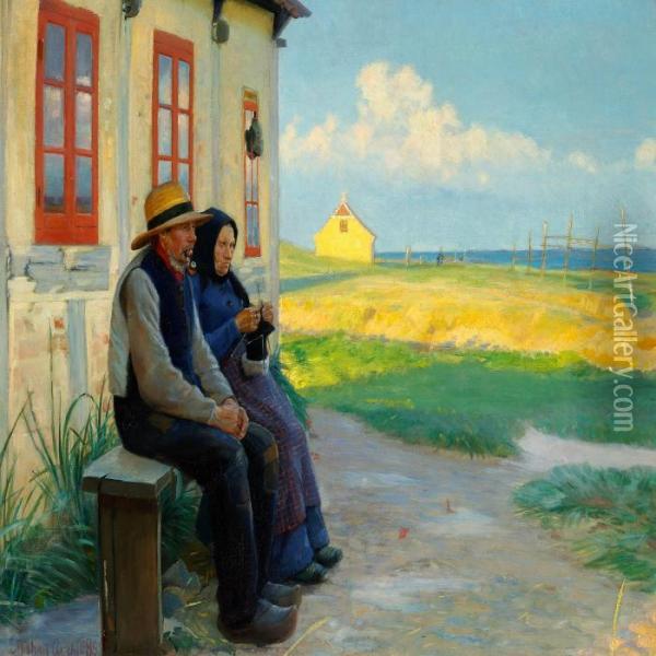 Two Elderly People In Front Of There House On A Summer Evening Oil Painting - Michael Ancher