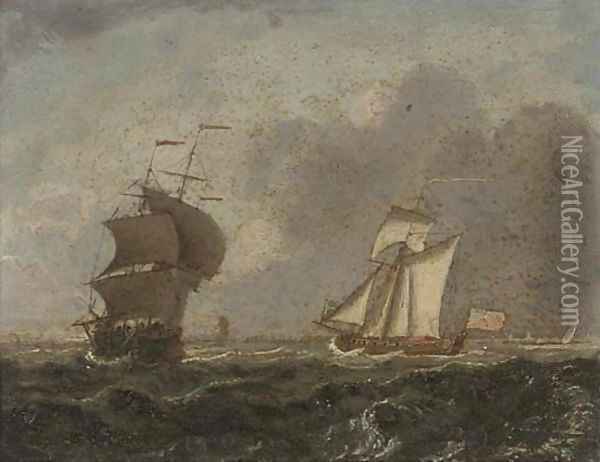 An Admiralty yacht running down the coast, astern of a frigate Oil Painting - Francis Swaine
