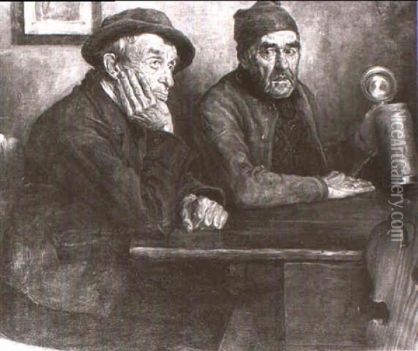 Zwei Alte Zecher, Nachdenklich Am Bauerntisch Sitzend Oil Painting - Hans Best