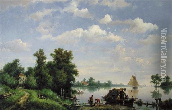 Figures By A Boat On A Lake Oil Painting - Hermanus Koekkoek the Elder