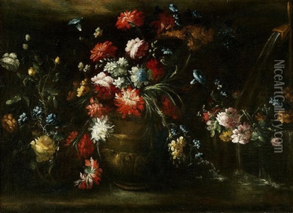 Jarron De Flores Junto A Una Fuente Oil Painting - Margherita Caffi