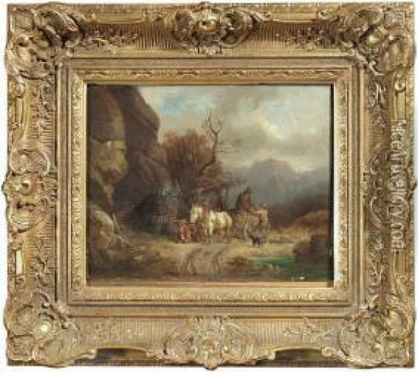 Two Peasants Loading A Horse-drawn Vehicle In A Mountainous Landscape. Oil/panel, Signed Oil Painting - Adolf Schmidt