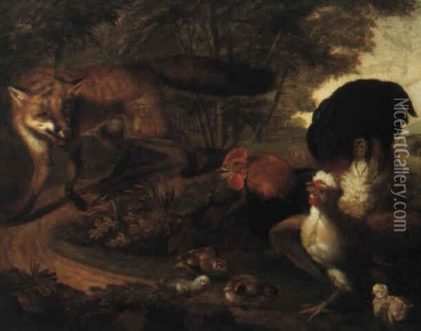 Fox And Chickens In A Landscape Oil Painting - Stephen Elmer