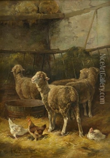 Am Abend. Schafe Im Stall An Den Futterkorben Oil Painting - Cornelis van Leemputten