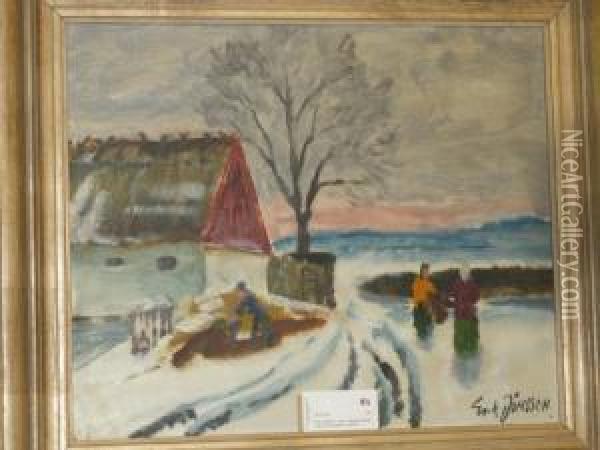 Vinter Landskap Med Lantarbetare Oil Painting - Erik Jonsson Dahlberg