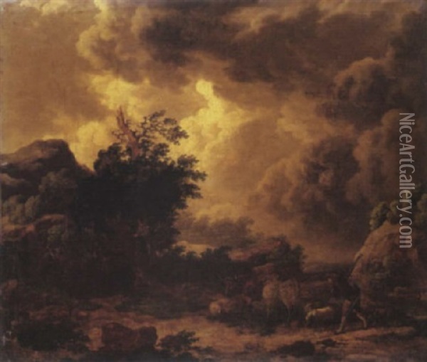 A Stormy Landscape With A Herdsman In A Rocky Path Oil Painting - Philip James de Loutherbourg
