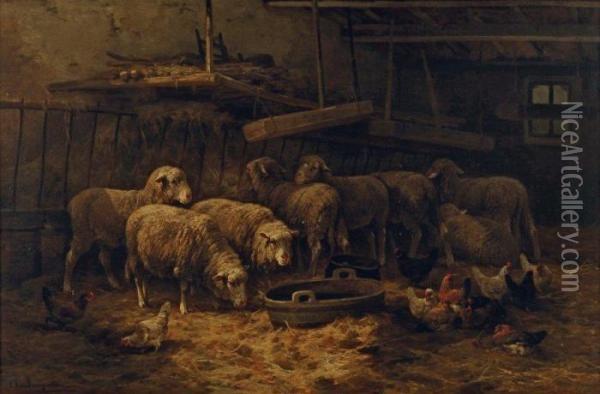 Moutons Dans La Bergerie Oil Painting - Cornelis van Leemputten