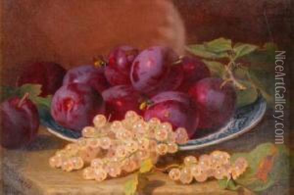 Still Lifestudy Of Plums And White Currants On A Blue And White Plate, On Awooden Ledge Oil Painting - Eloise Harriet Stannard
