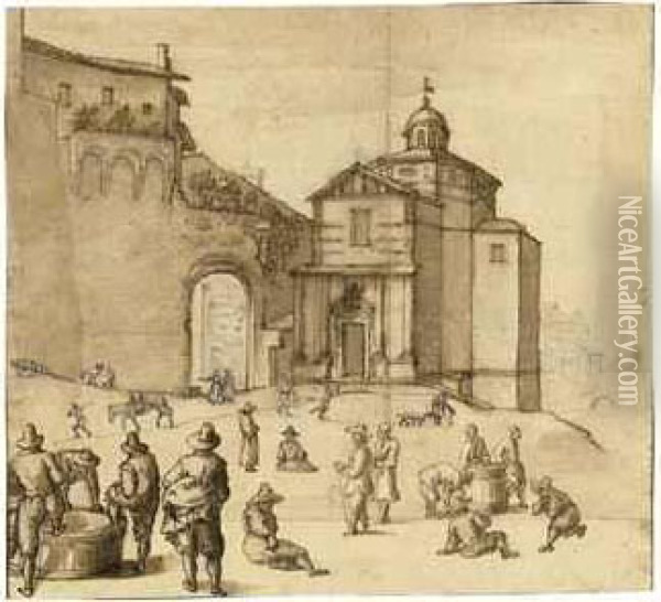 Figures And Animals Outside The Gate Of A Town Oil Painting - Remigio Cantagallina