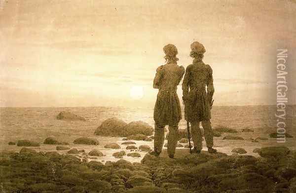 Two men at Moonrise Oil Painting - Caspar David Friedrich