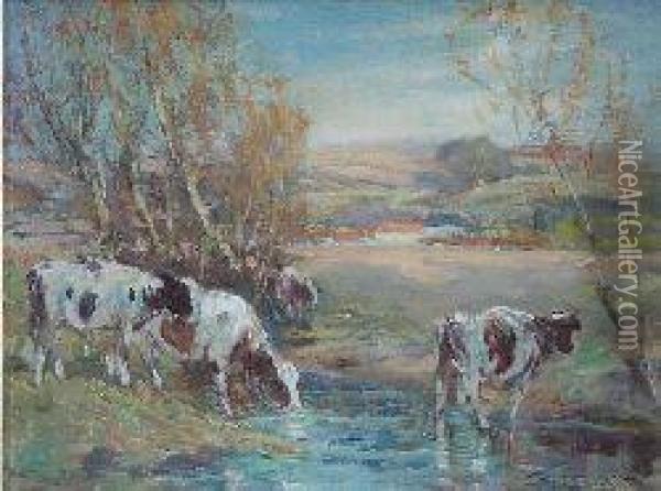 Cattle Watering In A Stream Oil Painting - George Smith