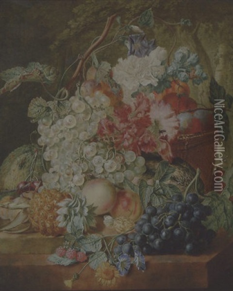 Grapes On The Vine, Peaches And Plums In A Basket, A Pineapple And Other Fruit, With Morning Glory And Other Flowers, A Butterfly On A Walnut, All On A Stone Ledge Oil Painting - Wybrand Hendriks