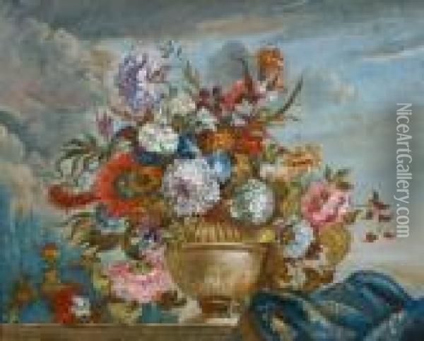 Blumenpokal Auf Balustrade Oil Painting - Jean-Baptiste Monnoyer
