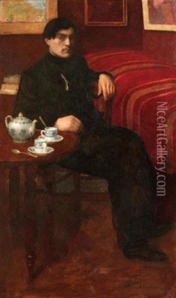 Portrait De O. Fluchaire Assis Prenant Le The, 1897 Oil Painting - Jules Leon Flandrin